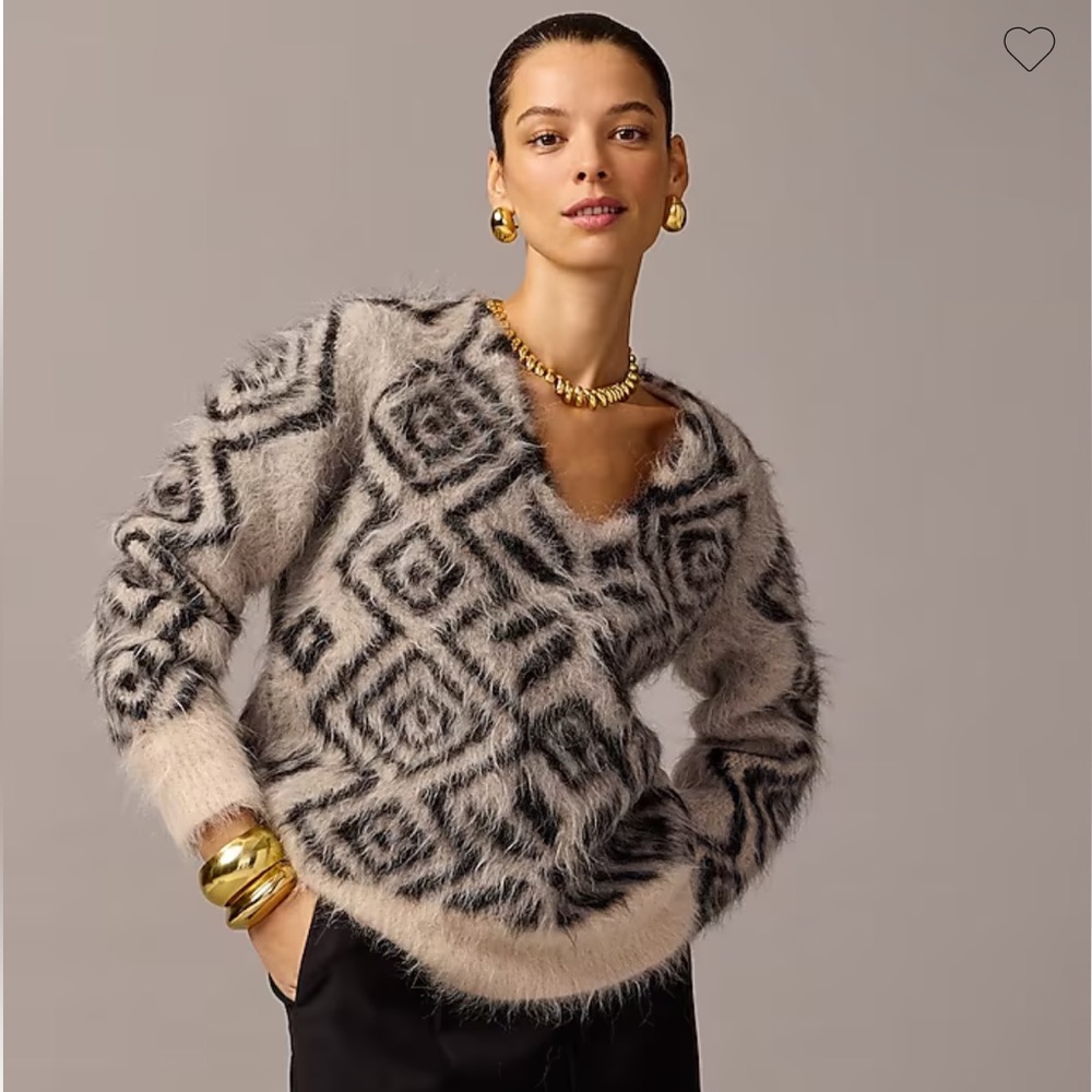 J.Crew Collection Snowflake V-Neck Sweater in Brushed Yarn, Size M-L.